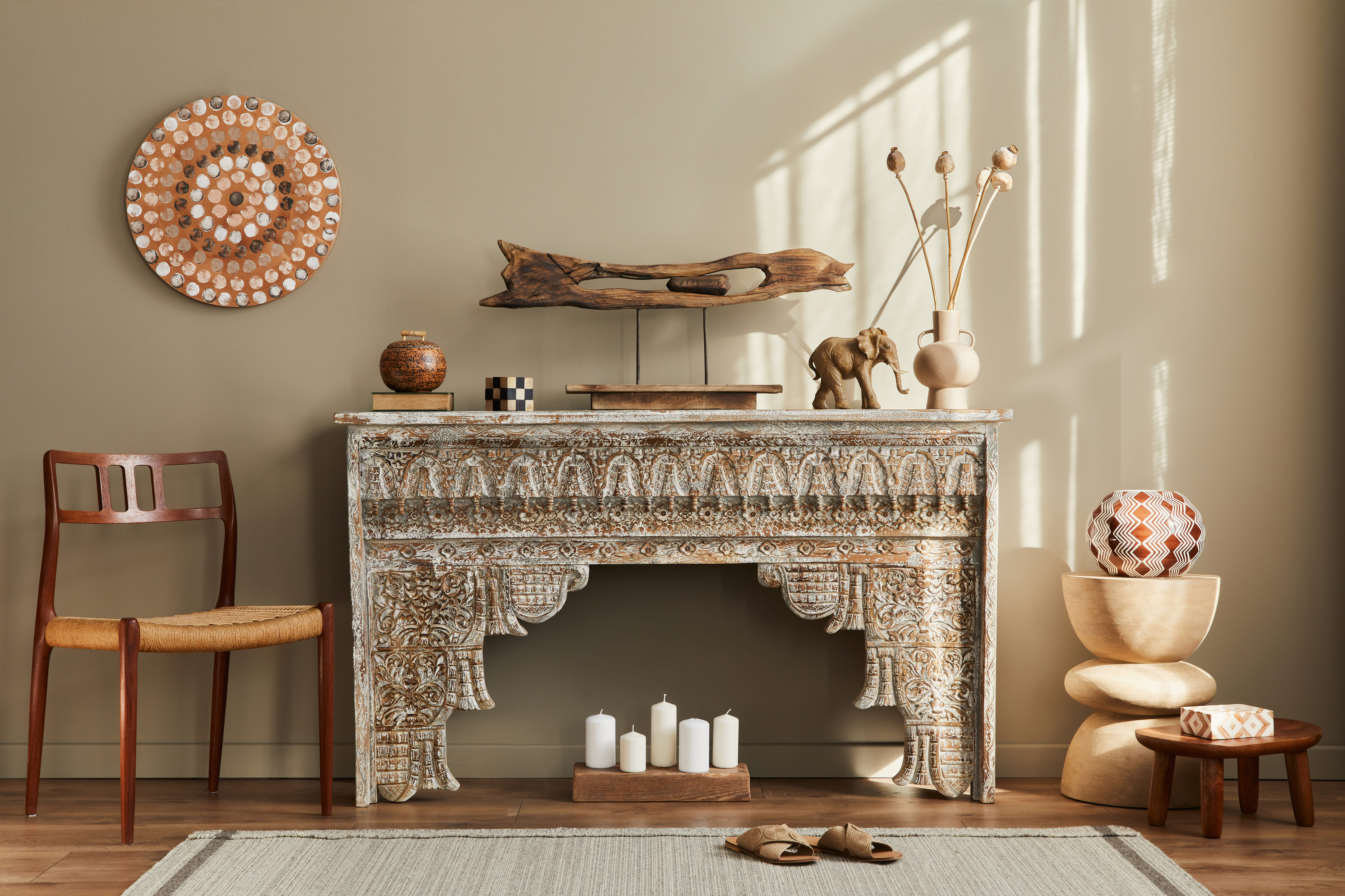 Modern bedroom with custom wooden bed frame, matching nightstands, and elegant headboard
