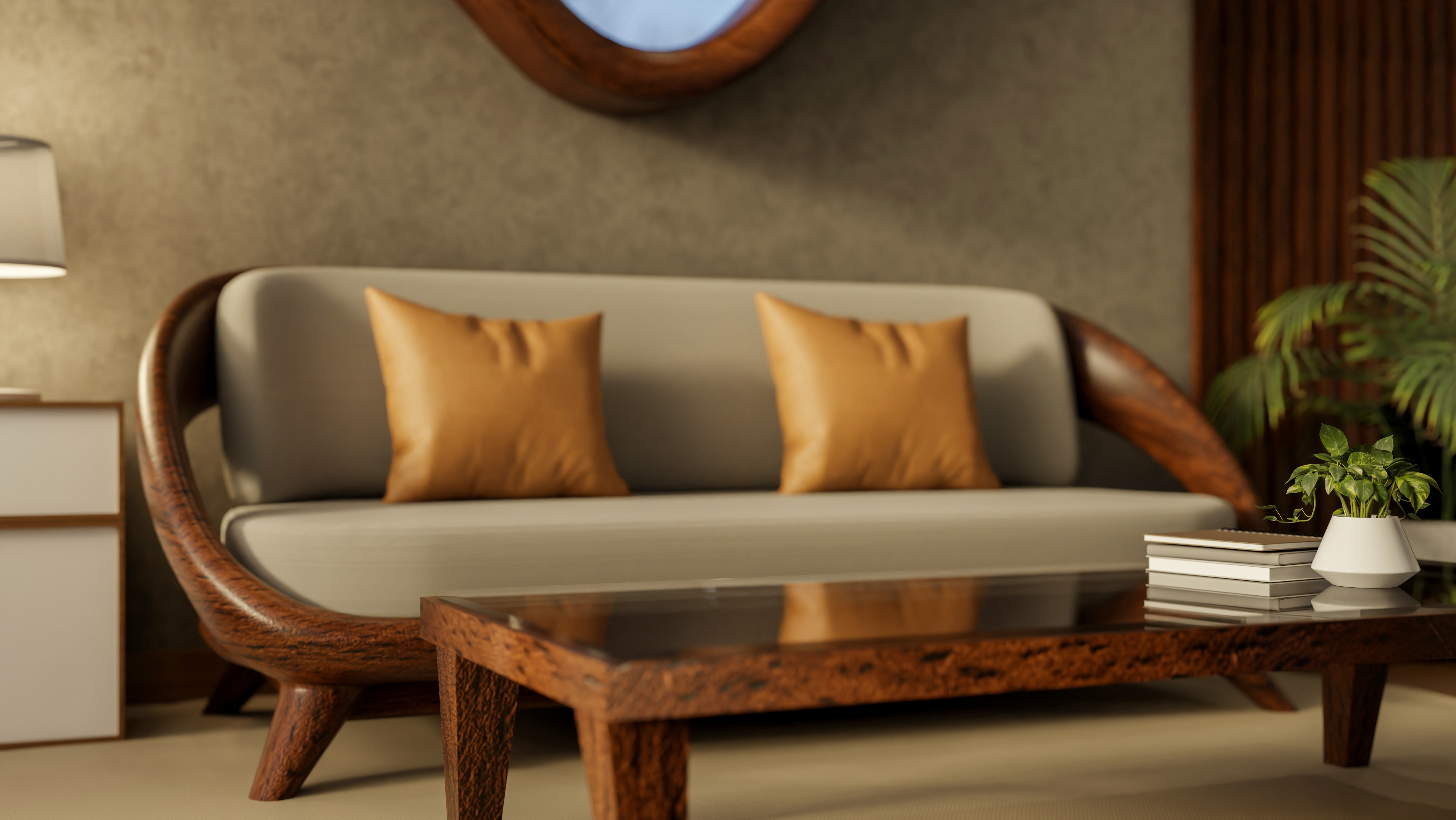 Cozy living room with custom wooden furniture and modern decor